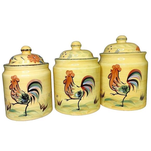 3 PC Hand Painted Rooster Canister Sugar Container Ceramic Set - Picture 1 of 11